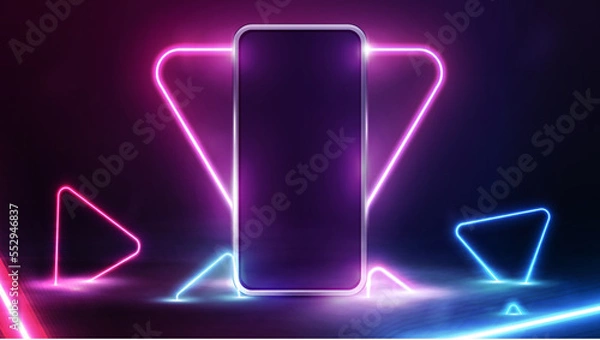 Fototapeta Smartphone with neon triangle frame on background and blue and pink neon triangles on dark scene