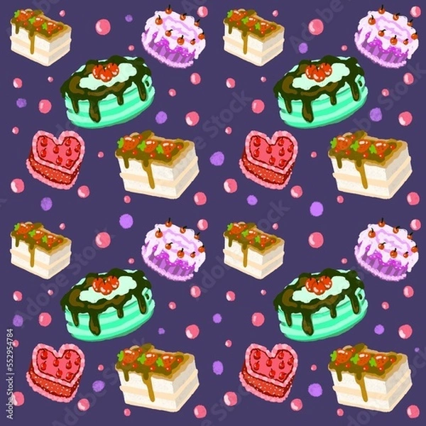 Obraz Seamless pattern of hand draw cute cake on purple background