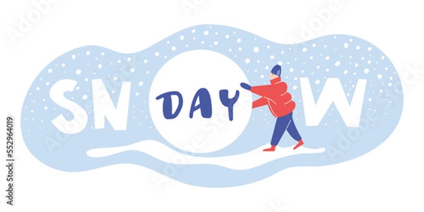 Fototapeta A man in a winter down jacket rolls a huge snowball. Winter games with snow. Modeling a snowman from snowballs. Lettering for winter banner with snow for design and print. Snow day banner.