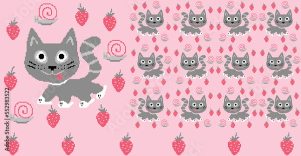 Fototapeta Pixel art Cute trendy pattern with funny doodle cat and snail with strawberries 6 colors for embroidery sweaters and decor on a pink background.