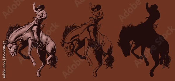 Fototapeta cowboy in a hat on a horse with a lasso and a colt in the style of art graphics