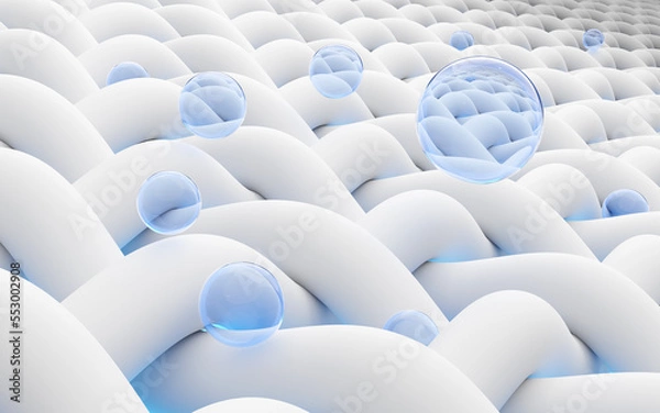 Obraz 3D empty water ball remove stain. Macro fabric fiber of cloth. Water bubble deep cleaning shirt. Disinfecting of washing machine. Antibacterial, stains, bleach, washing powder in advert. 3d render.