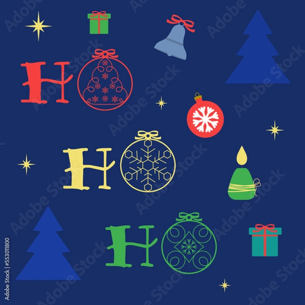 Obraz Christmas card with words ho-ho-ho, symbols of Christmas and New Year - Christmas trees, toys, gifts. Template for postcards, invitations, congratulations, web, social networks, print. 