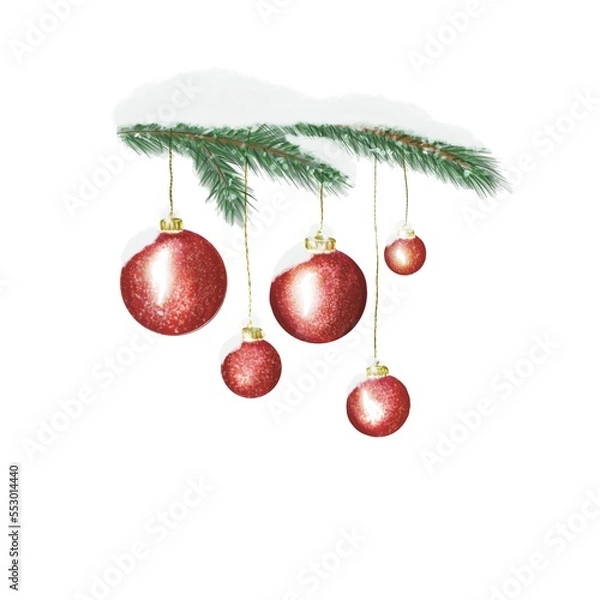 Obraz Christmas tree branch with snow and balls 