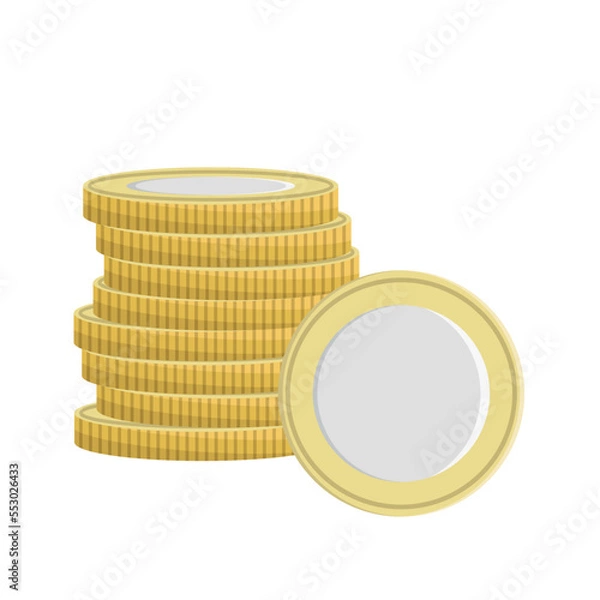 Fototapeta Stack of gold coins, one coin face, obverse, flat vector, isolate on white