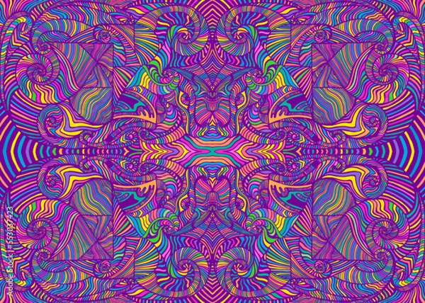 Obraz Psychedelic rainbow bright trippy mandala. Abstract bizarre background with amazing patterns.