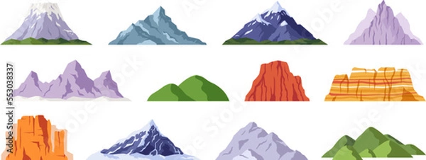 Fototapeta Płaska rock górska ulga. Śnieżny klif, góra i wzgórze. Izolowany skalisty szczyt, kreskówkowa sylwetka kanionu. Racy Vector Nature Elements