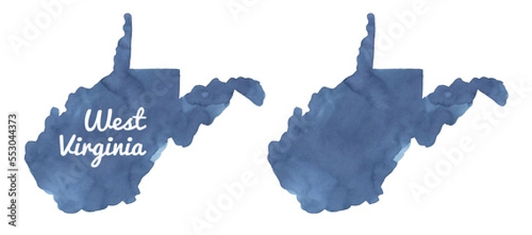 Obraz Watercolour drawing set of West Virginia State Map Silhouette in navy blue colour in two variation: blank template and with text lettering. Hand painted water color sketch, cut out clipart for design.