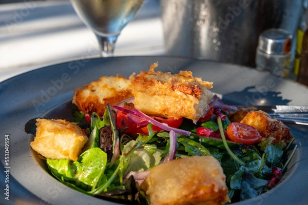 Fototapeta Healthy vegetarian Mediterranean food, Grilled Halloumi cheese Salad with green lettuce, onion and cucumber