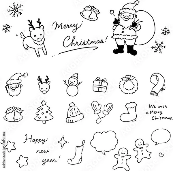 Obraz 冬のクリスマス手描きイラストアイコンセット【線画】