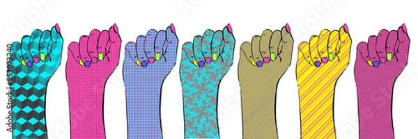 Obraz Vector illustration of a fist. Rally, protest. Isolated set. Bright psychedelic design.