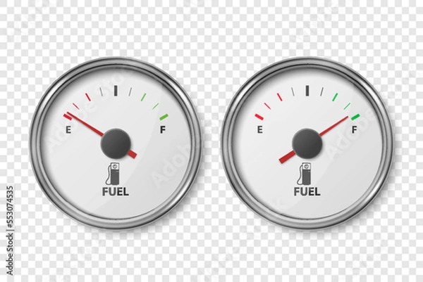 Fototapeta Vector 3d Realistic Silver Metallic Gas Fuel Tank Gauge, Oil Level Bar Set Isolated. Full and Empty. Car Dashboard Details. Fuel Indicator, Gas Meter, Sensor. Design Template
