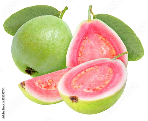 Fototapeta Pink guava fruit with leaf  on white background, Fresh Pink guava on White PNG file.