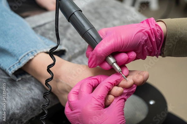 Fototapeta The master makes hardware pedicures to the client. Cuticle treatment. 