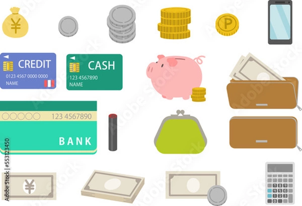 Fototapeta 家計管理・お金関連のイラストセット（お金、貯金・クレジット・通帳）