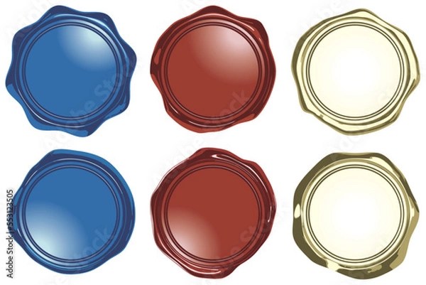 Obraz 6種類の立体的なシールワックスエンブレム　青　赤　黄金　ベクターイラストレーション