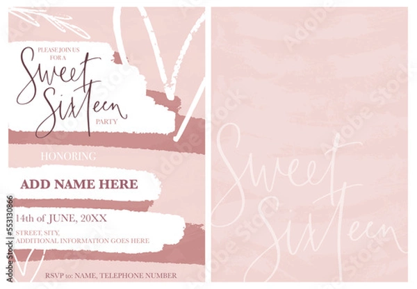 Fototapeta Sweet sixteen party modern invitation template with paint texture in blush pink and white colors. 16th Birthday modern calligraphy vector design with brush strokes, botanical, heart clipart elements.