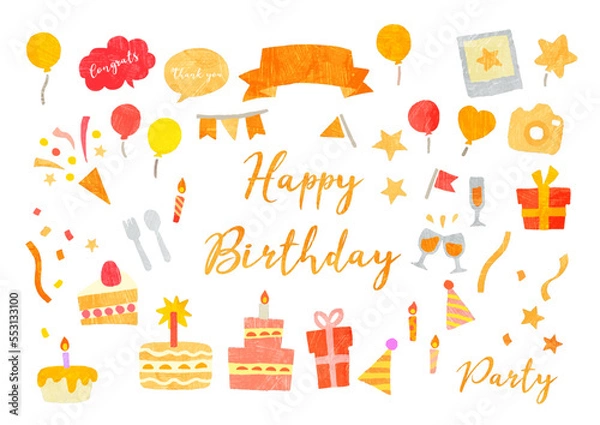 Obraz かわいい手描きの誕生日のイラストセット