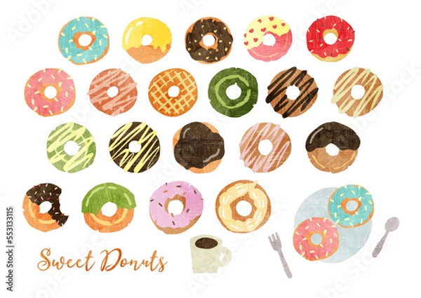 Fototapeta かわいいおしゃれな手描きのドーナツのイラスト