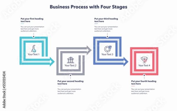 Fototapeta Modern business process with four stages. Flat creative diagram with minimalistic icons.