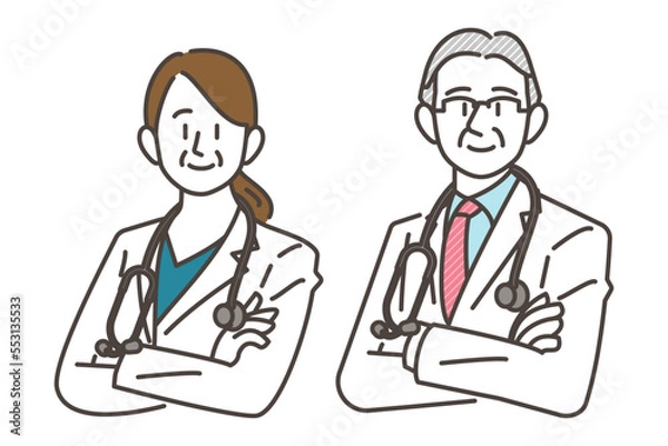 Obraz Elderly male and female doctors in white coats, stethoscopes lowered, smiling confidently [Vector illustration].