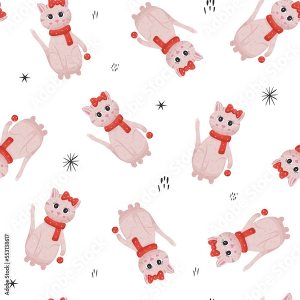 Obraz Christmas seamless pattern of cat with red bow and scarf