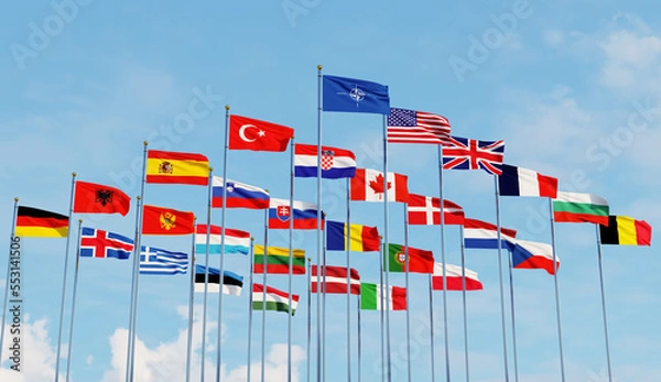Fototapeta NATO , Flags of countrys of North Atlantic Treaty Organization and flag ,with blue sky ,3d rendering