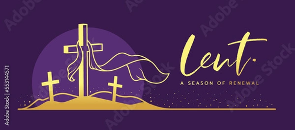 Obraz Lent, a season of renewal text and gold lent cross crucifix on mountaion and circle sunset on dark purple background vector design
