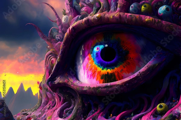 Fototapeta Fluorescent Dreamy Mystical colorful glowing fantasy world Imagination of start of mind