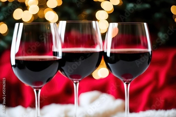 Fototapeta Christmas drink red wine glass with decoration tree. Holiday celebration party with wineglass of winter festive beverage. Generative AI