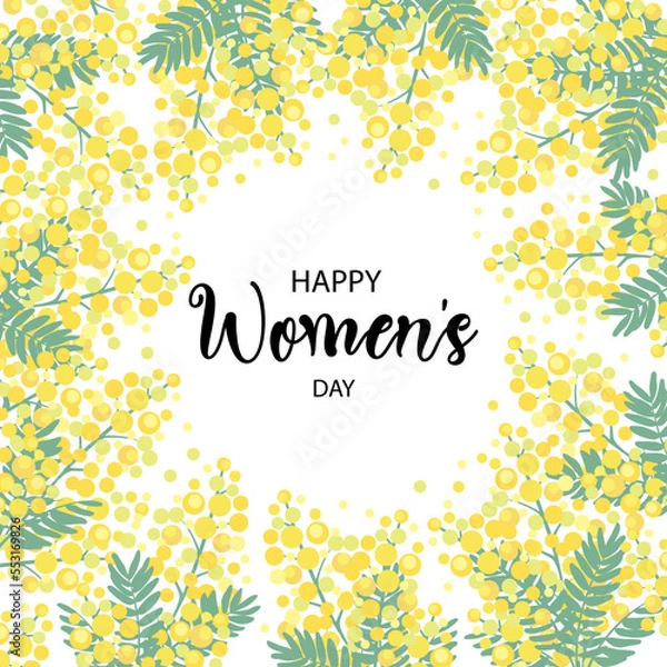Fototapeta Happy Women's Day with beautiful blooming yellow mimosa flowers and green leaves. Elegant vector illustration for 8 march greeting card.