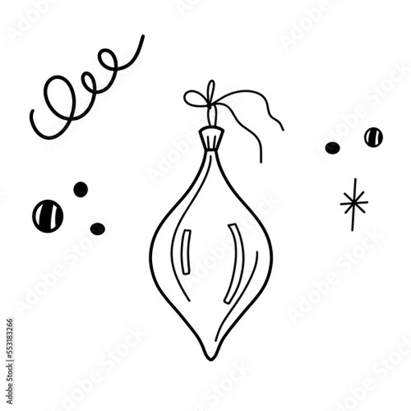 Fototapeta Christmas ball in doodle style. New Year decoration in sketch style. Hand drawn vector illustration isolated on white background