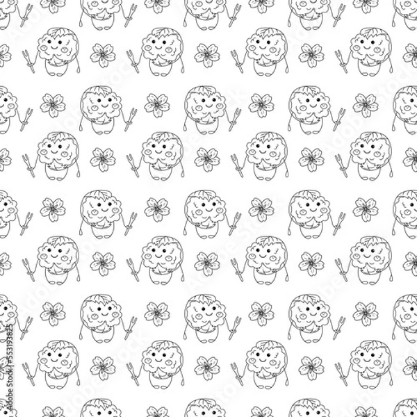 Fototapeta Sakura mochi pattern14. Seamless pattern with cute mochi character with sakura flower. Doodle cartoon vector illustration.