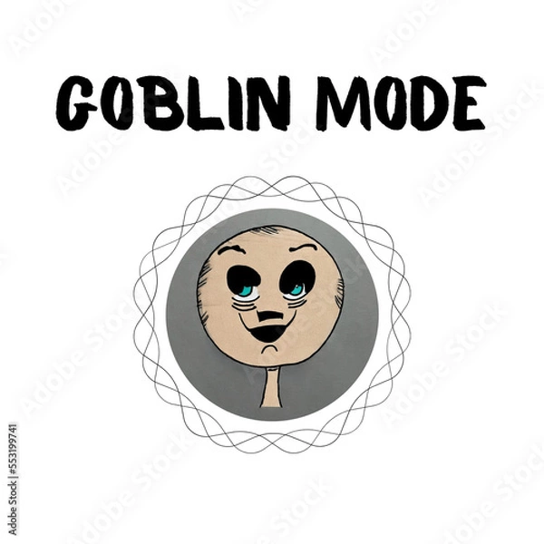 Obraz Text "Goblin mode" with a cartoon smiling face isolated on a white background. Slang. Generative AI 