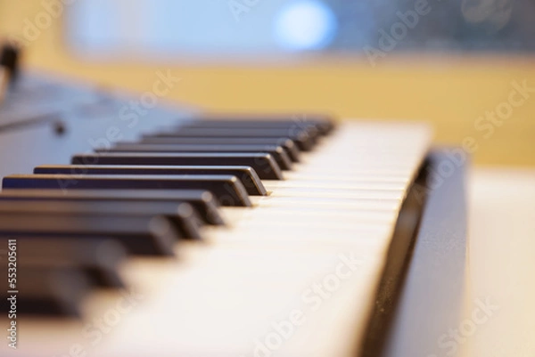Fototapeta Keyboard keys close up. Synthesizer piano deck ready to be played and for recording music. Professional equipment for studio production and live performances. Music production and performance concept.