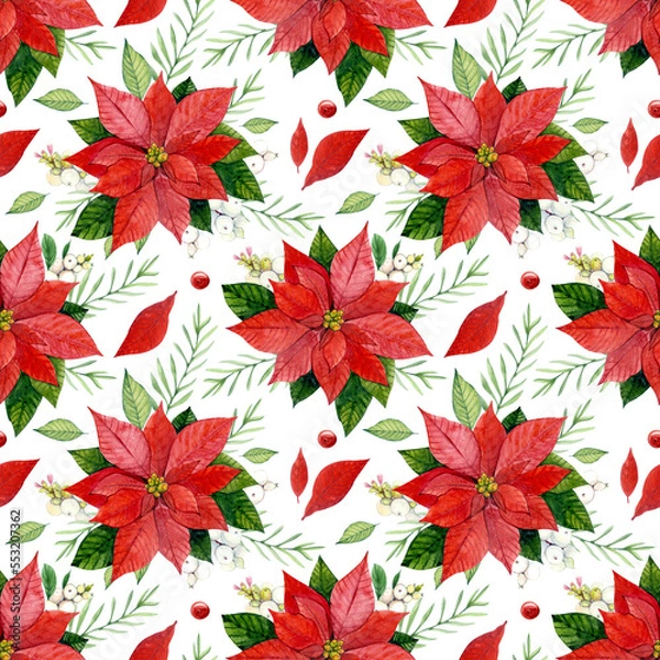 Obraz Christmas seamless pattern. Winter red flowers on a white background. Red poinsettia, white snowberry, leaves, pine branches painted in watercolor. For fabric, packaging, scrapbooking, etc.