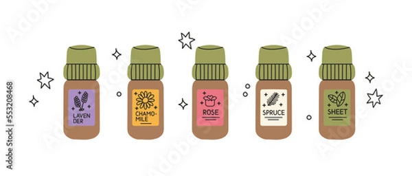 Fototapeta Set of glass bottles with essential oils. Lavender, chamomile, rose, spruce, sheet. Label, sticker. Vector illustration in cartoon hand draw style.Relaxation and home comfort. Trendy vector