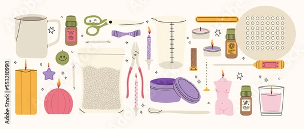 Fototapeta Hand draw aromatic candles ingredients collection. Vector illustrations of candles, wax, fragrance, color, herbs, and skewers. Natural materials for aromatherapy, hobby, handcrafts, candle making.
