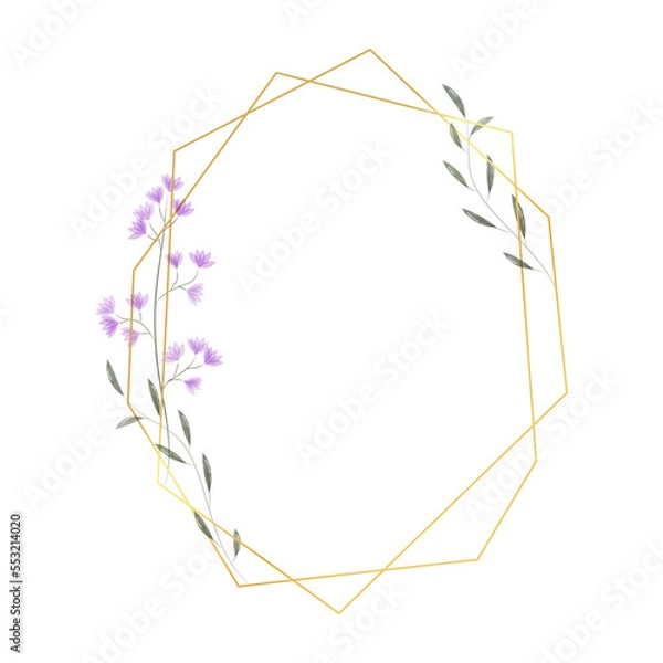 Fototapeta Gold geometric frame with flowers and leaves in watercolor style. Luxury polygonal frame for decoration valentine's day, wedding invitations, greeting cards. Vector, png on transparent background