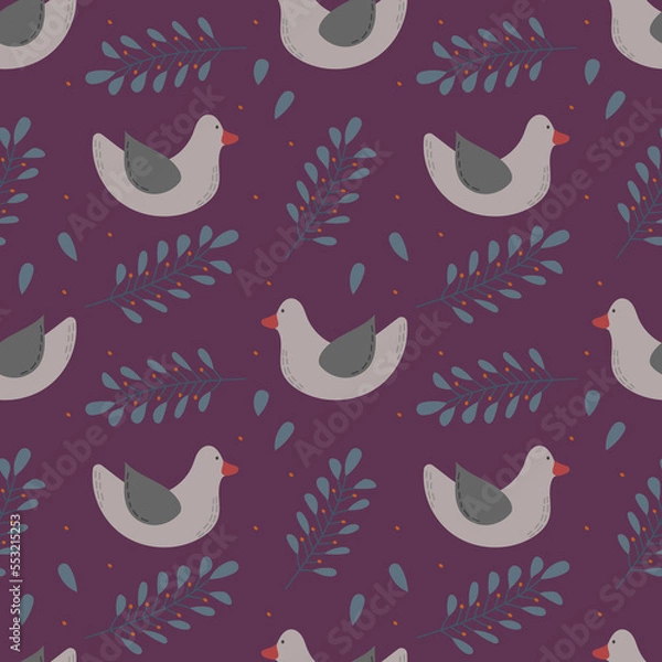 Fototapeta Hand drawn cute bird seamless pattern isolated on purple background.