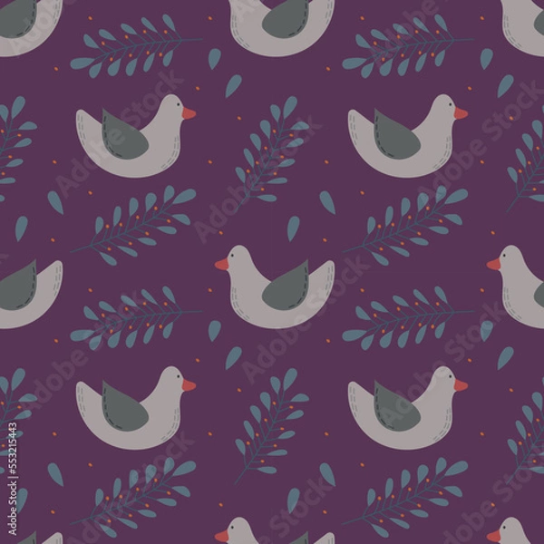 Fototapeta Hand drawn cute bird seamless pattern isolated on purple background.