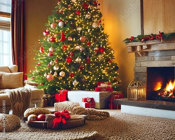 Fototapeta A festive Christmas time living room with Christmas tree and fireplace created with generative AI