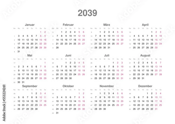 Fototapeta Kalender 2039, deutsch, Querformat