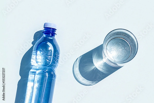 Obraz Bottled water. A bottle of mineral water and glass of water with hard shadows on blue background. Flat lay Top view