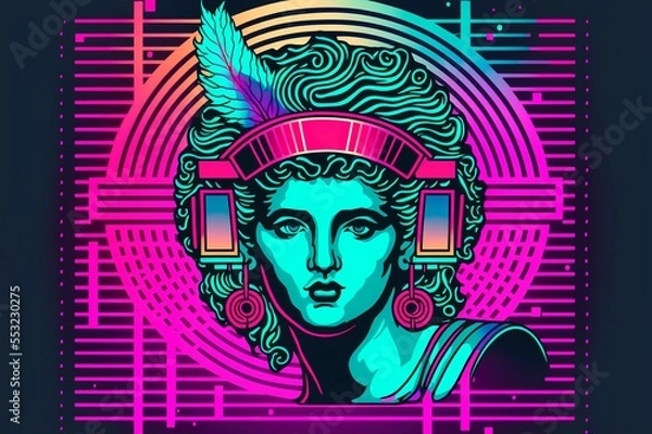 Fototapeta Apollo. Head of an antique sculpture in neon light. Valentine's day. Greek sculpture in modern design. Greek god. Art. Neon light, retrowave. Poster, banner.
Generate AI.