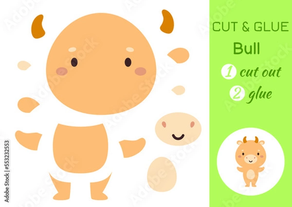 Obraz Cut and glue paper little bull. Kids crafts activity page. Educational game for preschool children. DIY worksheet. Kids art game and activities jigsaw. Vector stock illustration