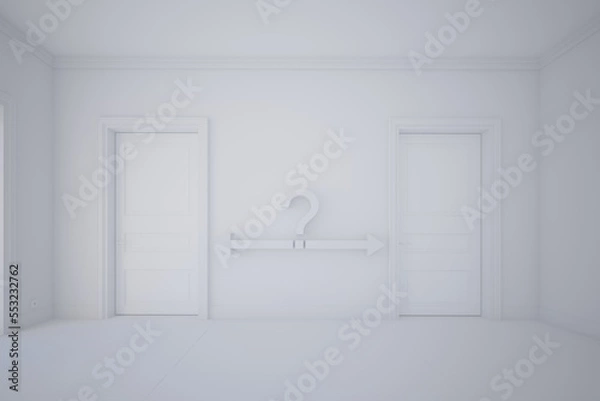 Fototapeta Two closed doors in a room and a question mark with two arrows in the middle. Two possibilities concept, dilemma for two different scenarios. Clay style rendering.
