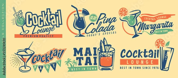 Obraz Cocktails and drinks set of creative banners and labels with popular alcoholic beverages. Cafe bar or cocktail lounge logos and signs collections. Vector illustrations of drinks and fruits glasses.