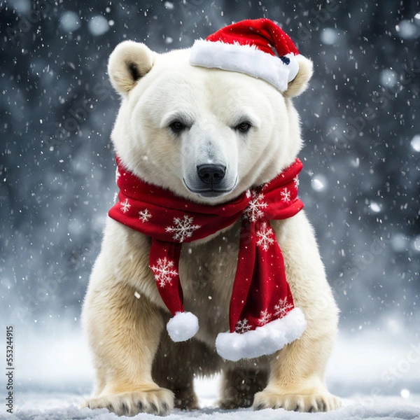Fototapeta christmas polar bear in the snow in santa hat and red scarf,  falling  snow