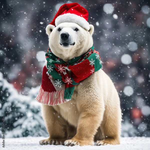 Fototapeta christmas polar bear in the snow in santa hat and xmas scarf, christmas tree in the background, falling snow